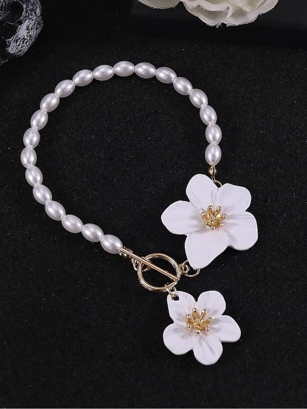 Anthropologie White Pearl Bracelet with Gold Floral Charms